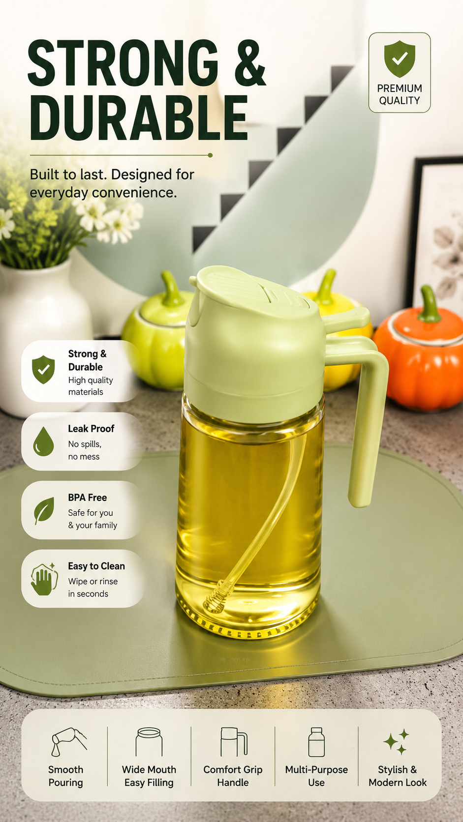 This oil dispenser facilitates controlled pouring, thereby minimizing waste and enhancing precision during cooking.